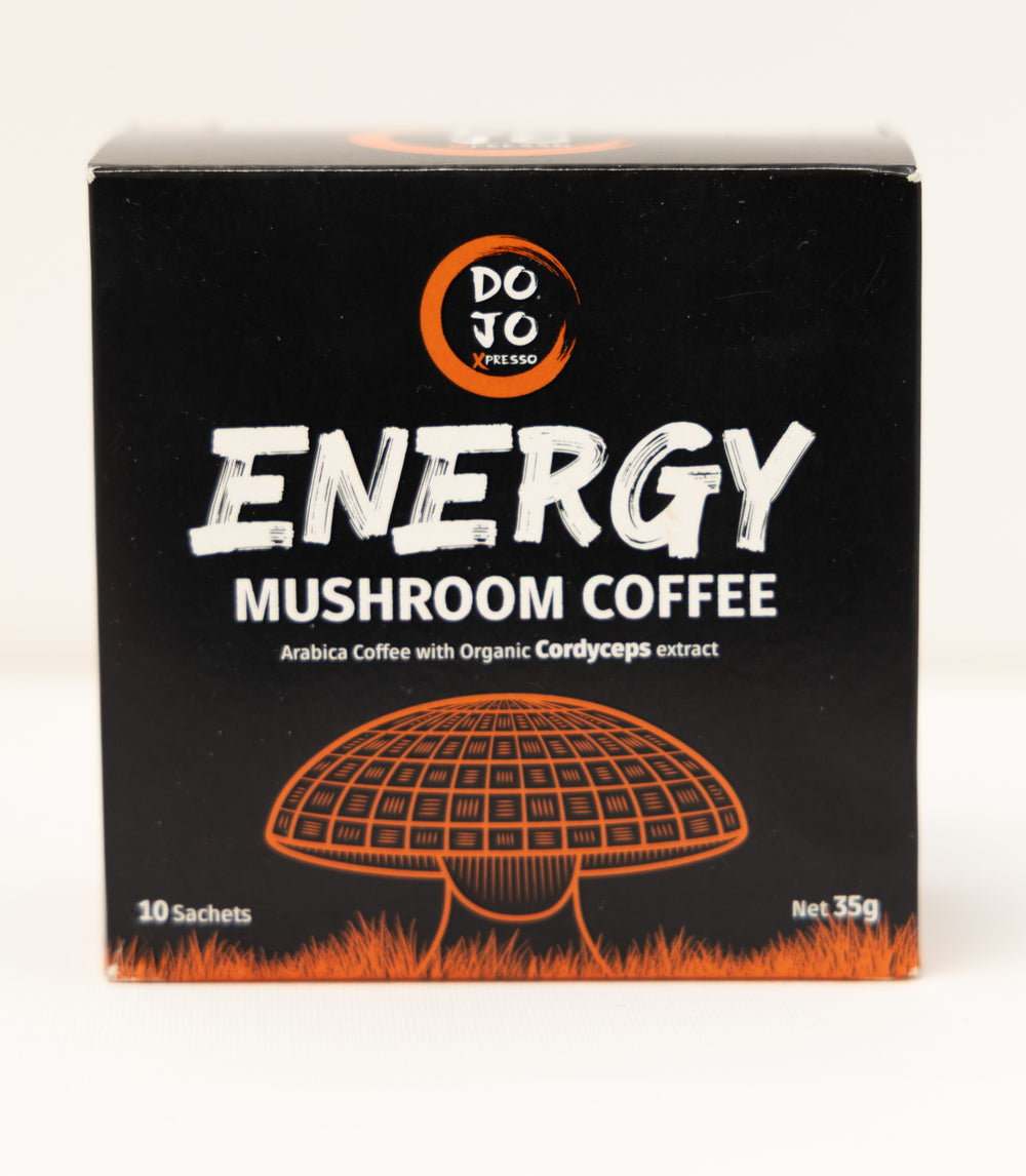 DOJO Energy Cordyceps mushroom coffee carton, front of pack