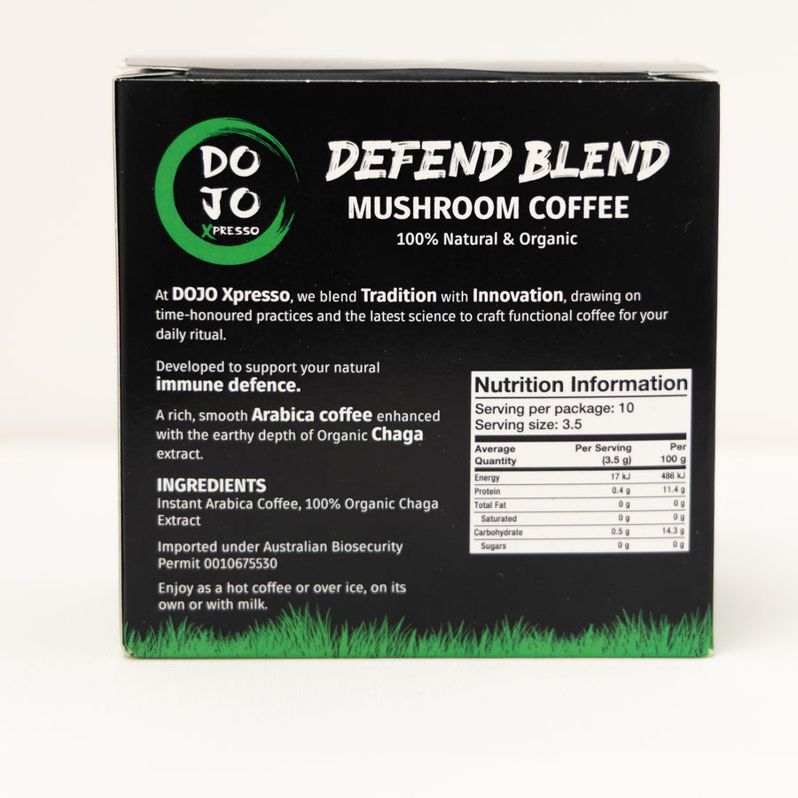 Back of DOJO Defend carton — ingredients and brewing instructions