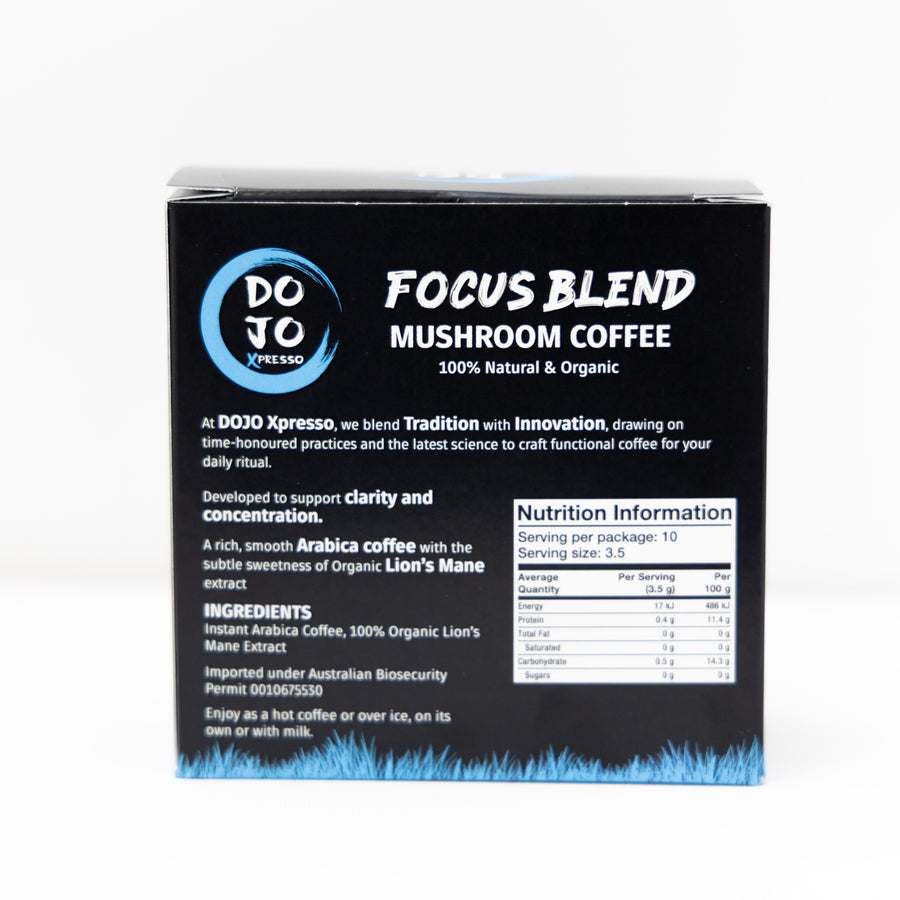 Back of DOJO Focus carton — ingredients and brewing instructions