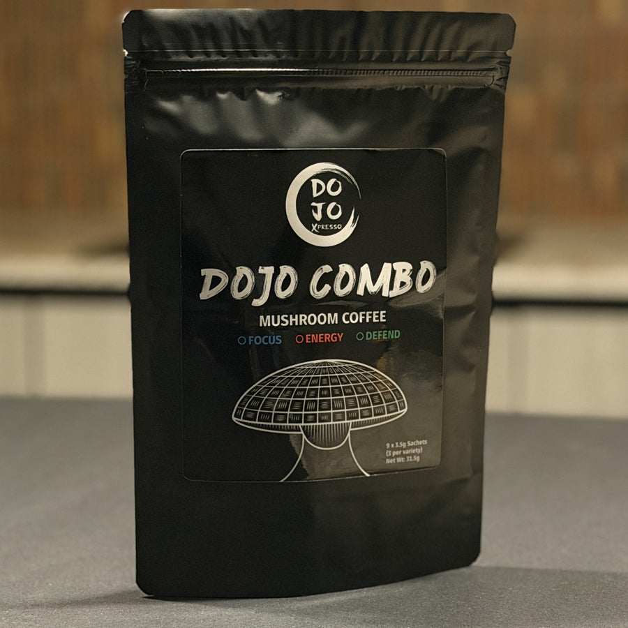 DOJO COMBO trial pack — white box with 9 mushroom coffee sachets