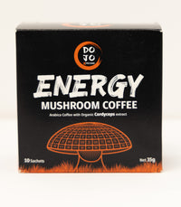 DOJO Energy Cordyceps mushroom coffee carton, front of pack