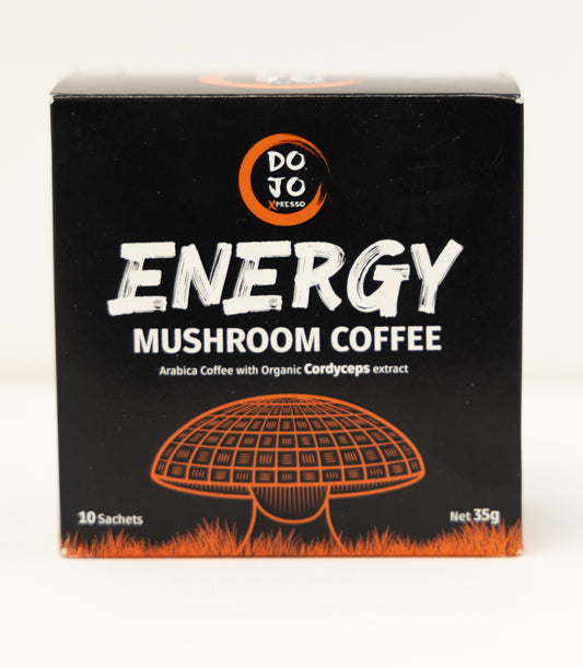 DOJO Energy Cordyceps mushroom coffee carton, front of pack