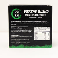 Back of DOJO Defend carton — ingredients and brewing instructions