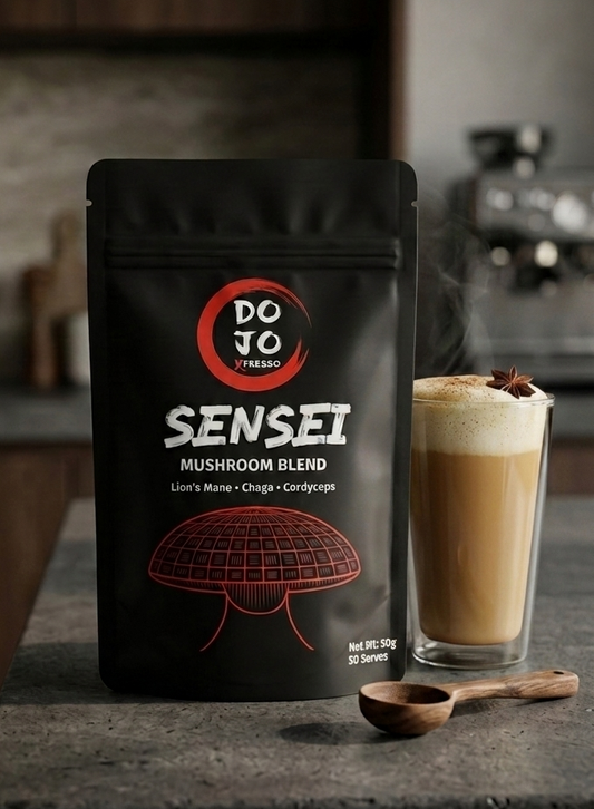 DOJO Sensei organic mushroom blend prepared as a chai latte