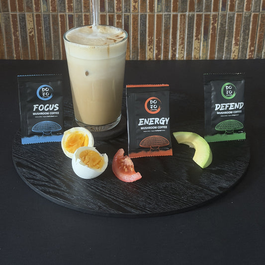 DOJO mushroom coffee sachets — Focus, Energy and Defend blends